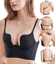 Women Low Back Bra Wire Lifting Deep U Shaped Plunge Backless Bra Push Up Bra.