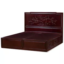 US SELLER Dark Cherry Elmwood Flower Bird King Size Platform Bed with 6 Drawers