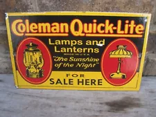 Rare Coleman Quick Light Lamps and Lanterns Porcelain Sign Dealer For Sale Here