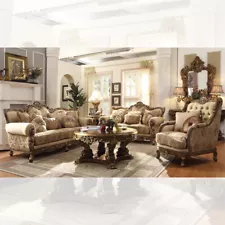 Classic Solid Wood 2PC Sofa Loveseat Gold Brown Fabric French Manor Living Room