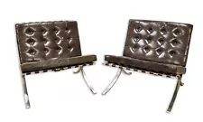 Pair of Vintage Brown Leather Knoll Barcelona Chairs by Mies Van Der Rohe MCM