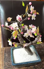 Vintage Bonsai Cherry Blossom Tree Asian Japan Pink Flowers Yellow Centers