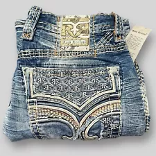 Rock Revival Jeans Mens 36x32 Emilio Straight Acid Wash Studded Light Wash NWT