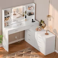 LED Lighted Mirror & Power Outlet, Modern Corner Makeup Vanity Table