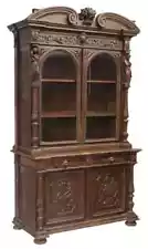 Antique Bookcase, French, Figural, Carved Oak, Stepback, Glazed Doors, 1800's!!