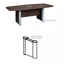 8 ft Boat Shaped Conference Table, Metal Trim on Legs, Grommet Hole, Walnut