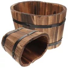 2 Wooden Whiskey Barrel Rustic Vintage Flower Pots for Garden Decor-NC