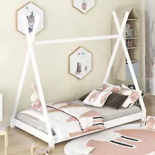 Wood Twin Size Platform Bed for Kids, Canopy Tent Bed for Living Room, White