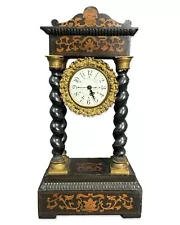 Antique FRENCH PORTICO BARLEY TWIST Wood Columns FAUX INLAY Old MANTEL CLOCK