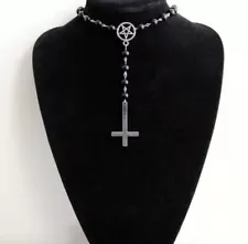 Demonic Satanic Pentagram Star Rosary Beaded Upside Down Cross Choker Necklace