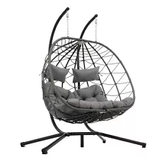 2 Person Outdoor Rattan Egg Hanging Chair Patio Wicker Swing Chair with Stand