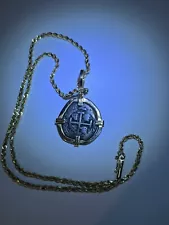 Silver Spanish 4 Real Coin in 14K Gold Bezel and 14K Gold Chain, Length 8.75"