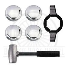 Hex Chrome Knock Off Spinner Caps for Lowrider Rims, Set of 4 + Wrench + Hammer