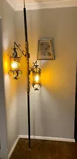 Vintage Tension Pole Light Wood Metal Ornate Scrolled Amber 2 Lights