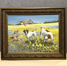 Acrylic Painting By Lou Orrill Hunting Dogs Pheasants Bluebonnet Field 29x23”