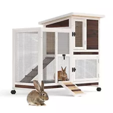 40" Wooden Bunny Hutch 2 Tier Rabbit Cage on Wheels Guinea Pig Pet House Outdoor