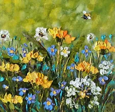 Original Painting Honeybee and Dandelion Painting Impasto Flower Artwork 15x15cm