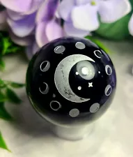 2" 45mm Black Obsidian Moon Phases Crystal Ball Sphere Silver Engraved Wicca