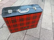 Gotham Metal Picnic Basket Table Foldable Portable Red Plaid Tartan 1950s RARE