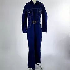 Vintage 70s HRL Men's JUMPSUIT SZ 36 Blue Full Zip Belted Jc pennys Bell Bottoms