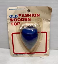 Vintage 1991 Spinning Top, Blue, Wooden, String, Metal Tip, Original Packaging