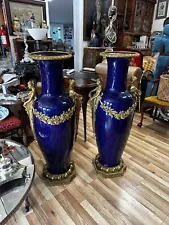 Antique 19th C French Sevres Porcelain Bronze Mounted Cobalt Blue Vase Urns 45”