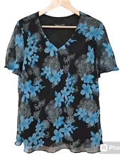 Jacques Vert Floral Chiffon Lined Crinkle Top Size 14 16 Black Blue Shoulder Pad