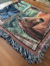 Horse Tapestry Throw Blanket 46”x60” Green Cream Black Brown Clean NICE