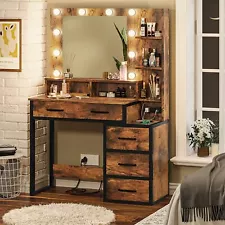 Vanity Table with LED Lighted Mirror brown Makeup Table 5 Drawer for Women Girls