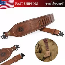 TOURBON Vintage Leather 2 Point Padded Rifle Sling Swivels Ammo Holder Rest Hole