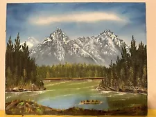 VTG Hand Painted Original 16x 20 Mountain Lake Forest by tREED - Bob Ross Style