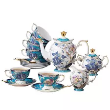 Bone China Tea Sets for 6, Blue and White Tea Set for Adults, 21 Piece Comple...