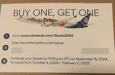 Alaska Airlines Flight Tickets BOGO 2024 San Francisco Giants. Voucher CARDS SGA