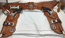 1960 Hubley Ric-O-Shay .45 Cap Guns w/ Tooled and Studded Holsters Nice Set!