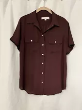 LOFT Maroon Button Up Short Sleeve Blouse Women Size M