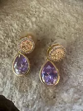 Dangle purple crystal angel cherub design gold tone pierced earrings *SALE*