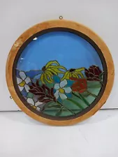 Round Floral Stained-Glass Window Decor In Wood Frame