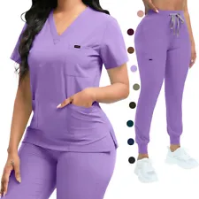 Unisex Stretch Nurse Uniform Medical Scrub Sets Women Men V-Neck Top Jogger Pant