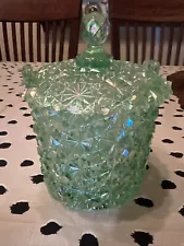 Vtg Fenton Green Iridescent Daisy and Button Ice Bucket Candy Jar w/Lid