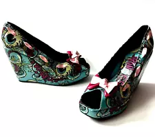 Iron Fist Graphic Print Shoes Heels Platform Wedge Peep Toe Women's Size 11 US