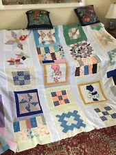 Vintage Quilt Top Unfinished Cottons 90 x 78" hand stitched squares very old