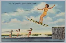 Postcard Water Ski Jumping at Florida Cypress Gardens Unposted Linen