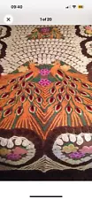 Vintage Peacocks Chenille Bedspread Brown 87" x 101" Queen/King Use or Cutter