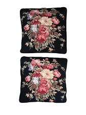 Needlepoint Rose Floral Pillows With Black Velvet Back 15" LOT OF 2