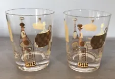 RARE Set of 2 Whiskey Cocktail Glasses Gold Various Alcohol Bottles Hand Painted