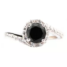 2.50Ct Round Cut Natural Black Diamond Solitaire With Accents Ring In 925 Silver