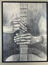 Jazz Guitar Players Hand Study Pencil Drawing on Illustration Board Framed