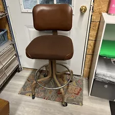 Vintage Industrial Metal Drafting Stool Chair Adjustable Cushion Brown