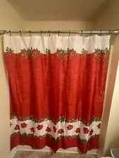 Poinsettia Shower Curtain With Matching Hooks Christmas Holiday Fabric