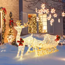 6 FT Christmas Lighted Reindeer & Santa's Sleigh W/ 215 LED Lights & 4 Stakes